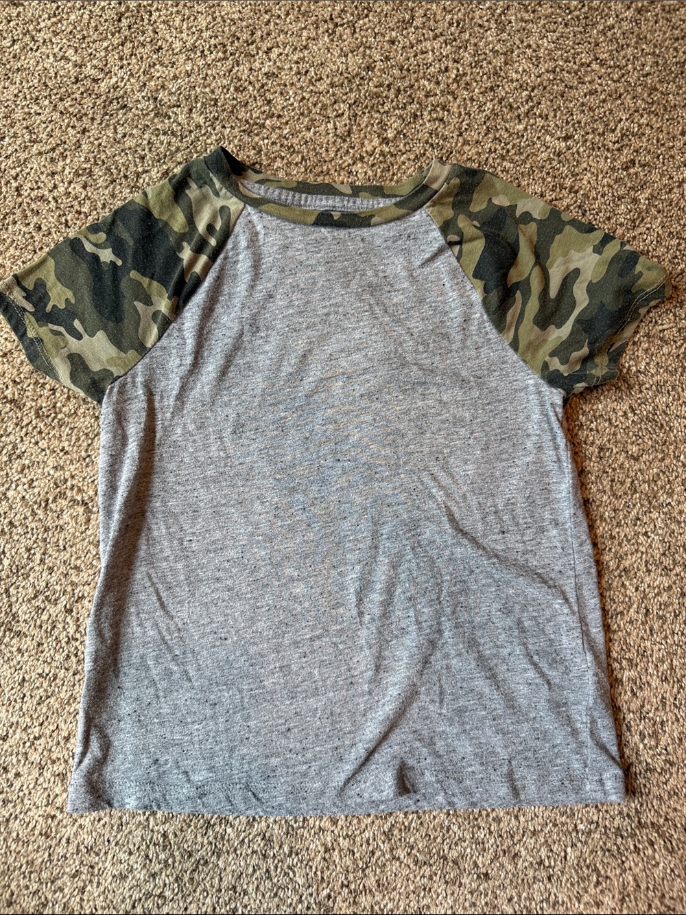 Epic Threads ~ Grey Tee with Green Camo Raglan Sleeves